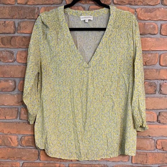 Cynthia Rowley Floral Blouse‎ Womens Size XL Yellow V-Neck 3/4 Lightweight Top - Picture 1 of 5